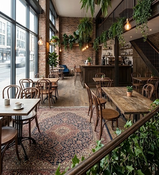 Gemütliches Café-Interieur mit Backsteinwänden, Holzmöbeln und Hängepflanzen